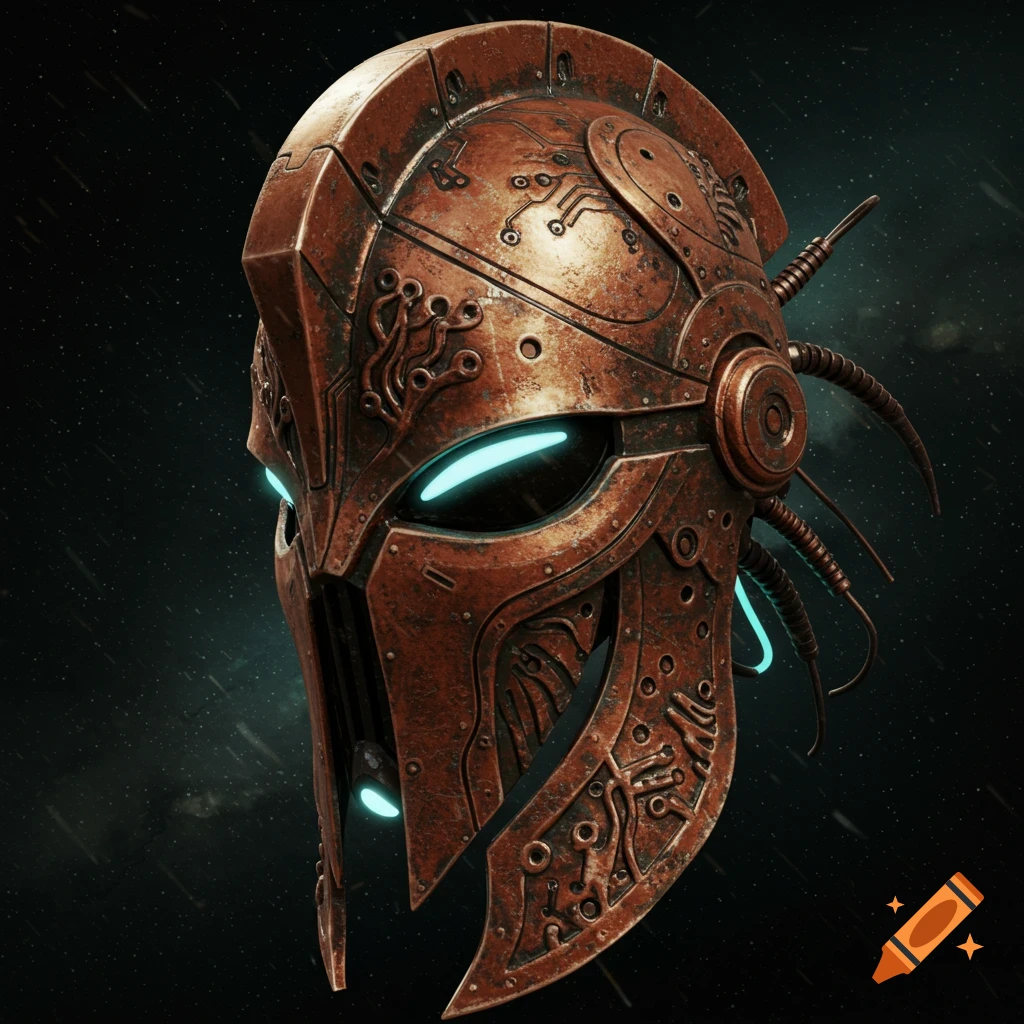 A science fiction inspired Corinthian helmet made of rusty metal with glowing blue eyes against a dark background.