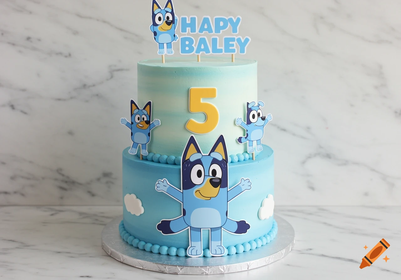 Two-tier Bluey birthday cake with Bluey characters, a number 5, and misspelled text topper