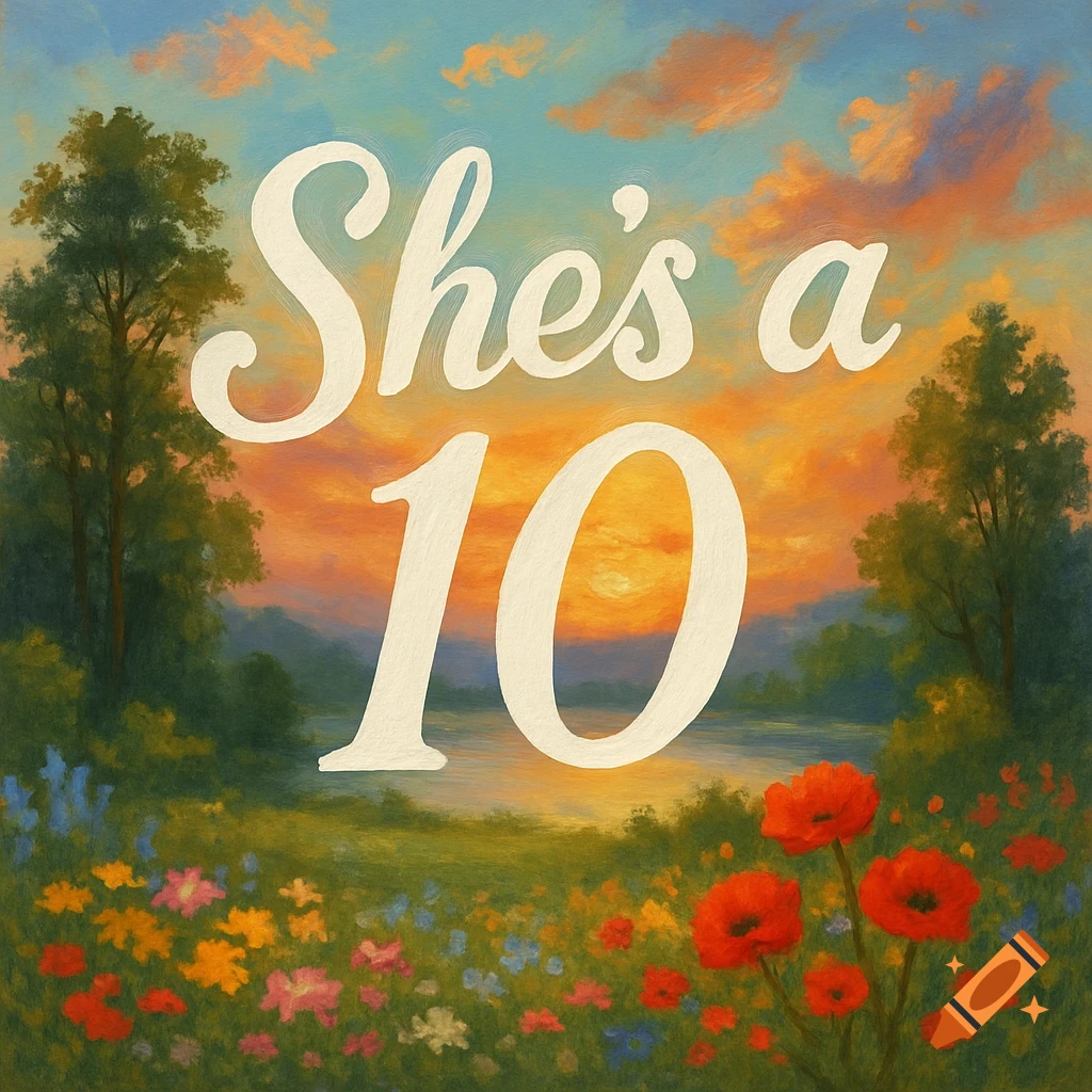 Painting of a beautiful scenic landscape with flowers, trees, and sunset sky, with the words 'She's a 10' in large font.