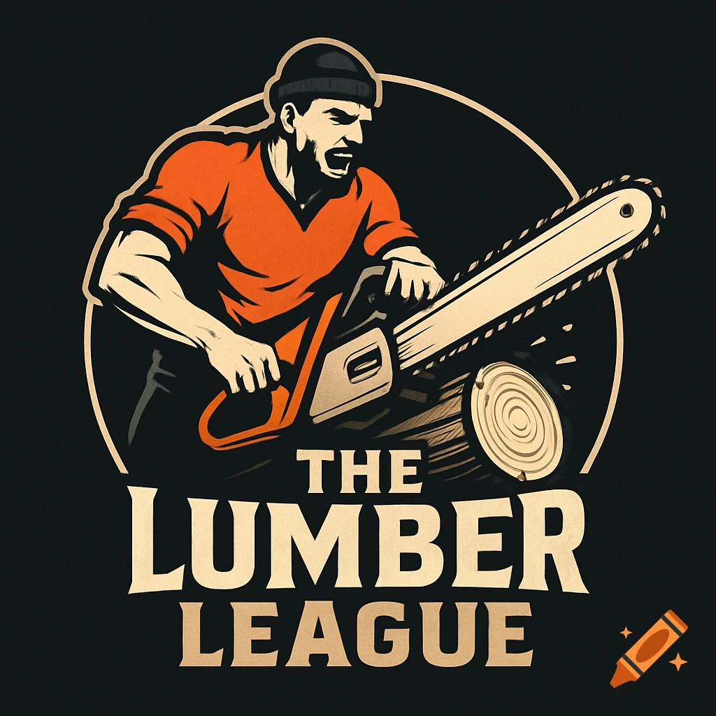 Logo illustration of a lumberjack cutting wood with a chainsaw for The Lumber League.