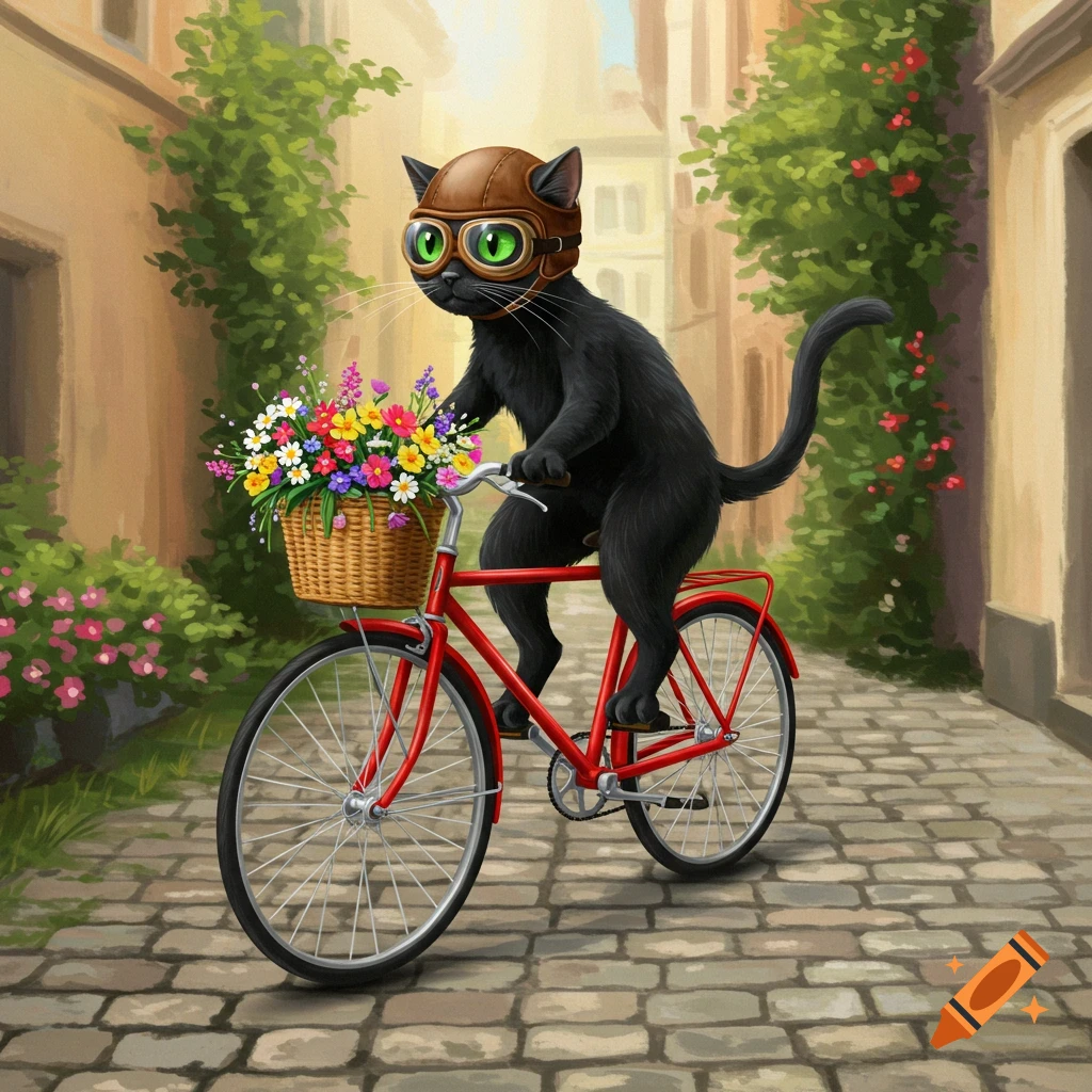 A black cat wearing a helmet and goggles rides a red bicycle with a basket of flowers down a cobblestone street.