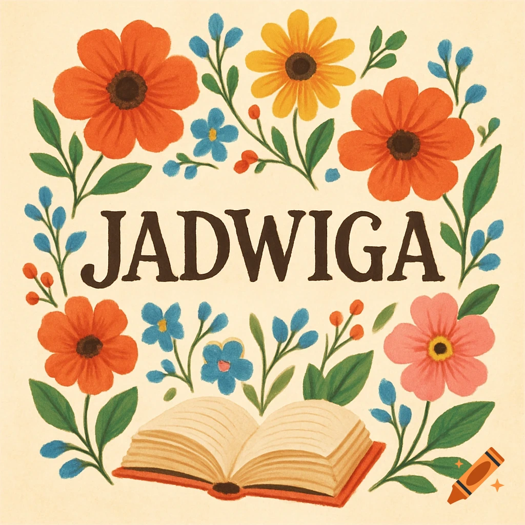 Cute illustration of flowers surrounding the name JADWIGA with an open book below.