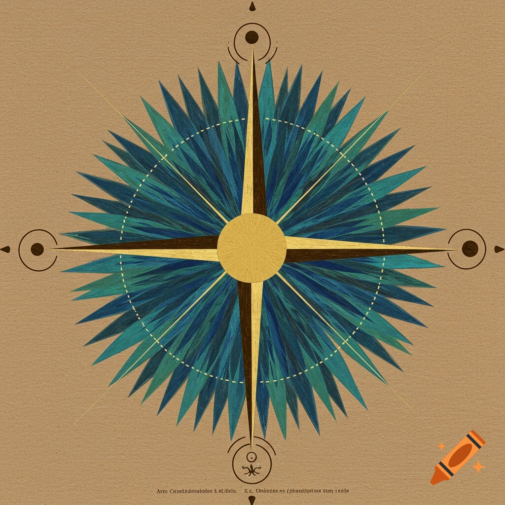 Stylized compass rose design with blue and green spikes and a gold center on a textured background.