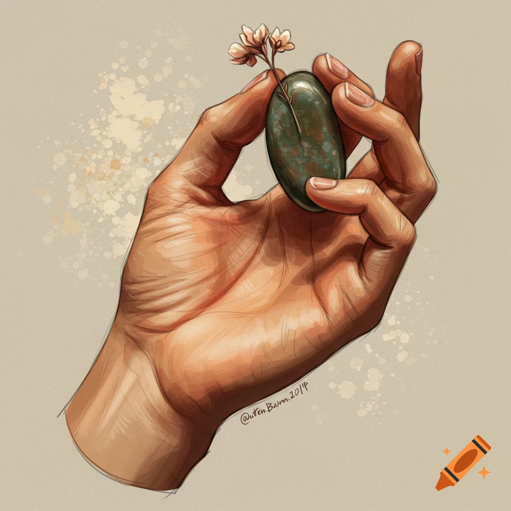 Digital painting of a hand holding a smooth green stone with a small flower growing from it.