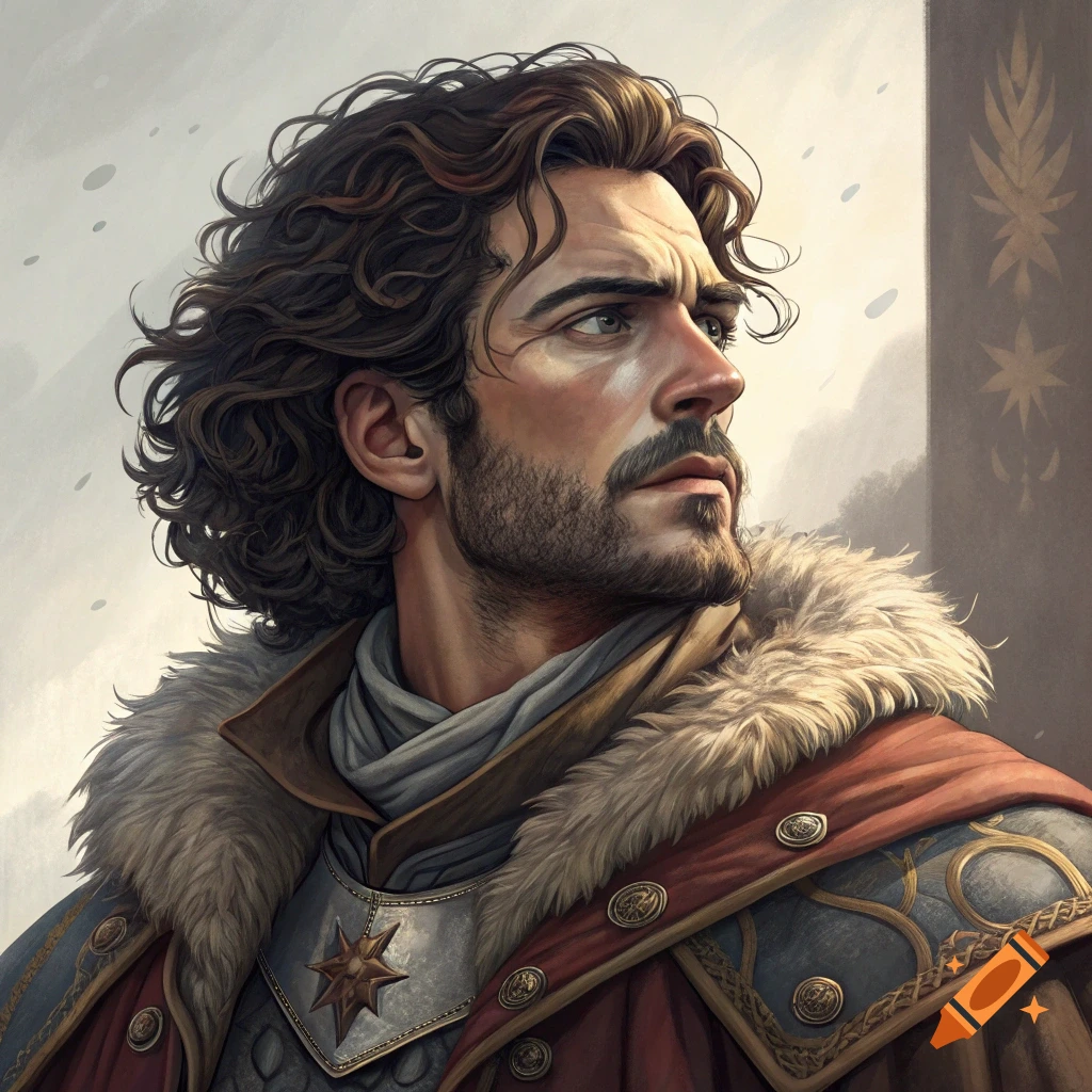 Portrait of a man with curly hair and beard in fantasy armor and fur ...
