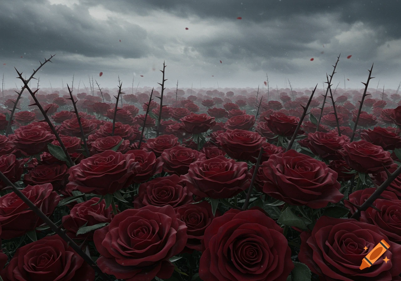 Field of deep red roses with prominent thorns under a dark, cloudy sky.