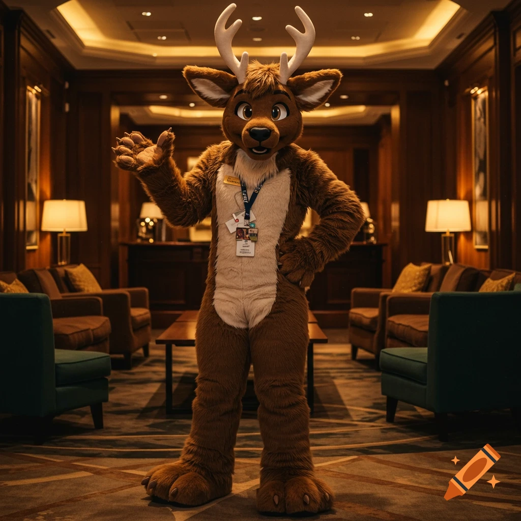 A person in a brown deer fursuit waves in a hotel lobby.