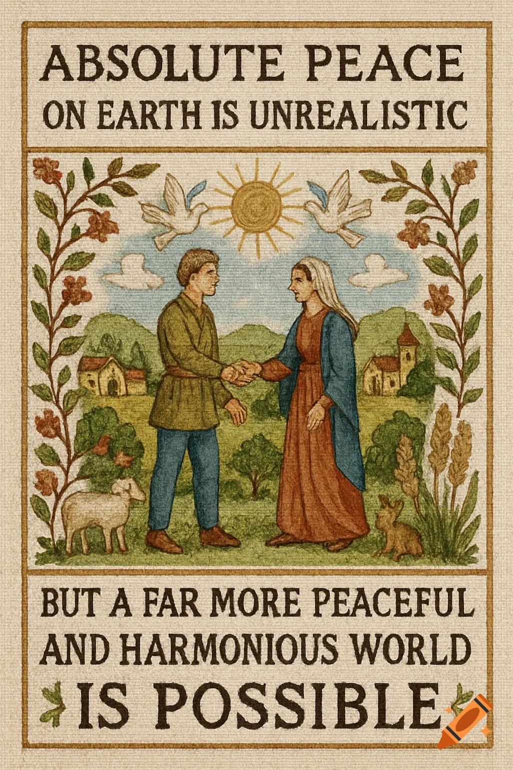 Medieval style illustration of two people shaking hands in a landscape with text.