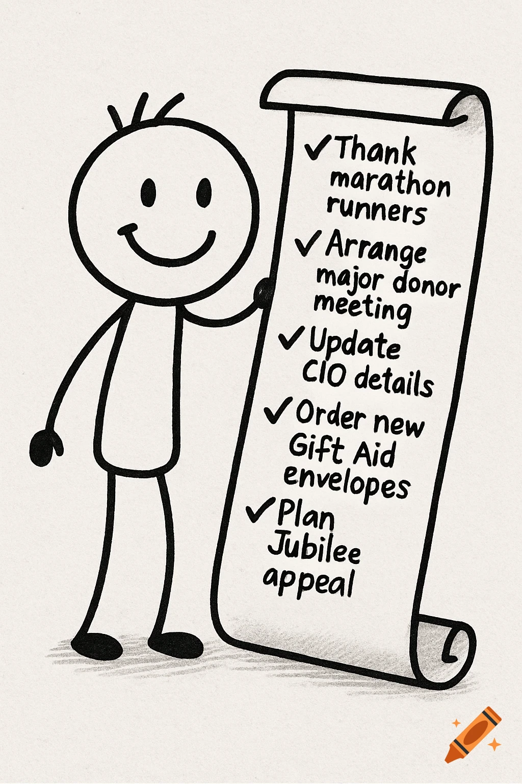 A stick figure drawing holds a large scroll with a checklist.