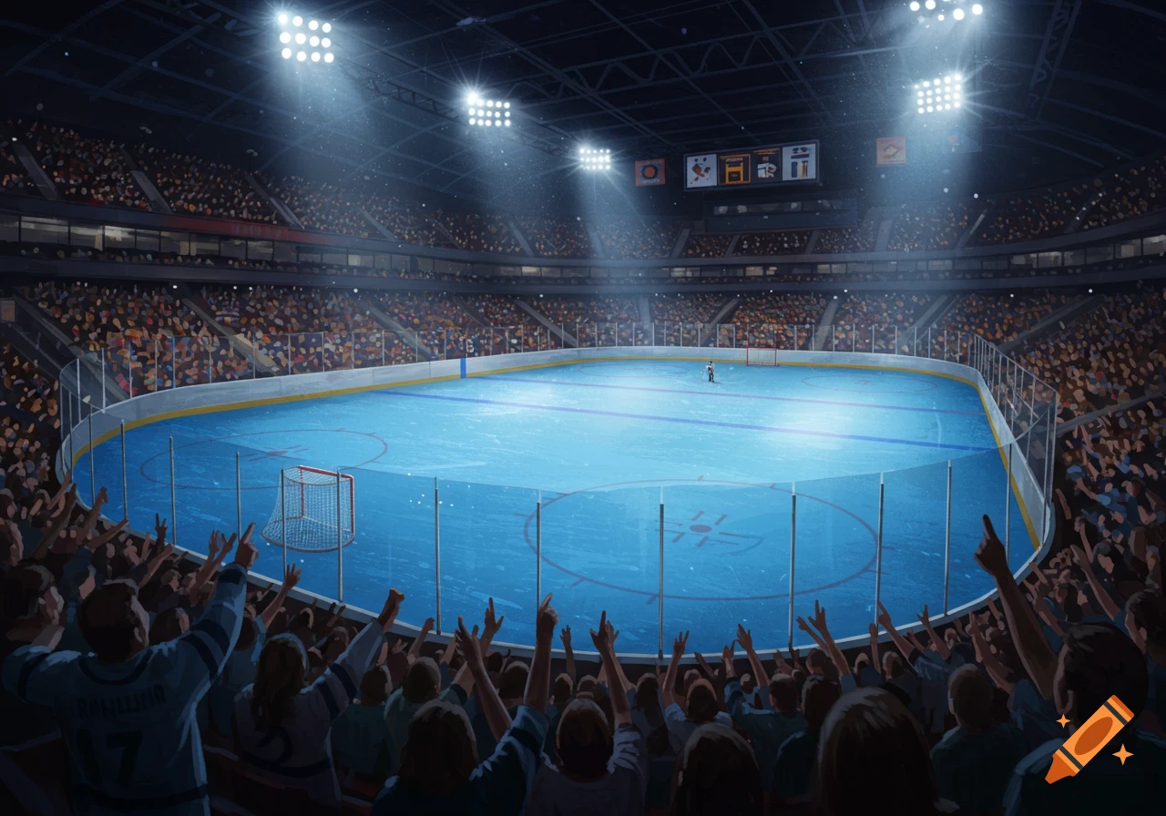 An illustration of a hockey arena filled with cheering spectators looking down at a player on the ice.