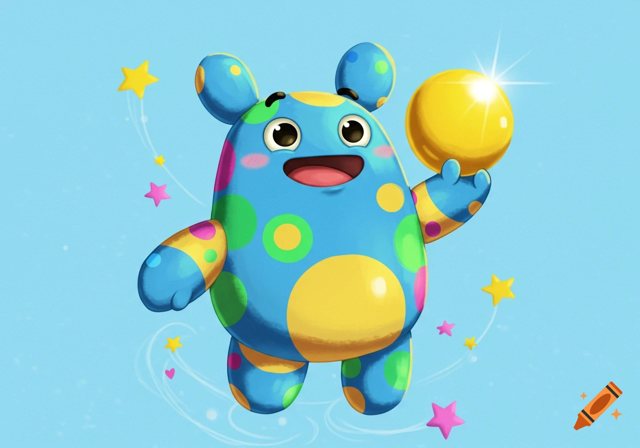 A cute blue polka-dot monster holds a shiny yellow ball against a blue background with stars.