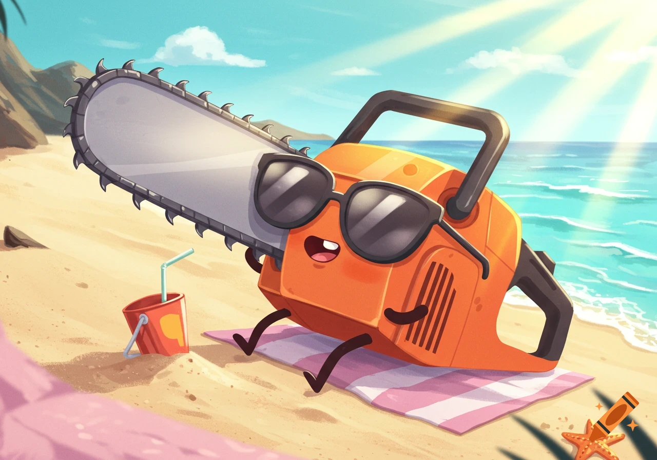 A cartoon chainsaw character wearing sunglasses lies on a beach towel on the sand by the ocean.