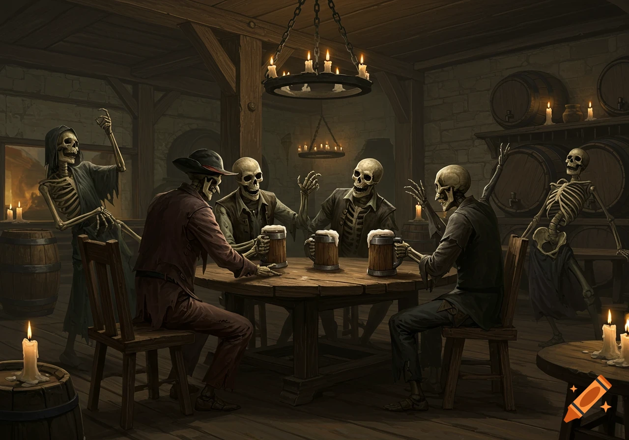 Skeletons drinking beer at a table in a dimly lit fantasy tavern, digital art.
