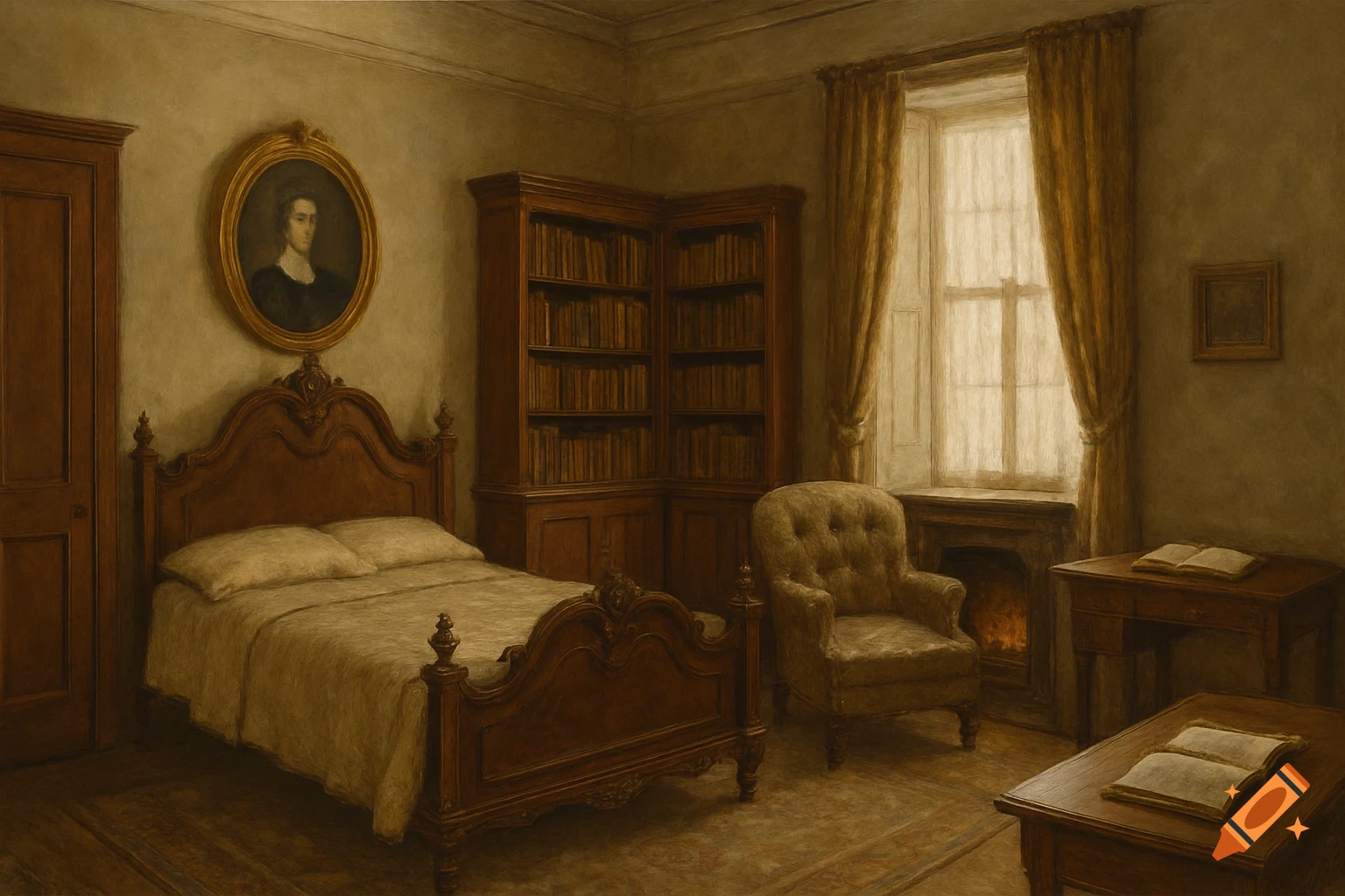 An antique bedroom with a Victorian bed, bookshelf, armchair, and desk. A portrait hangs above the bed.