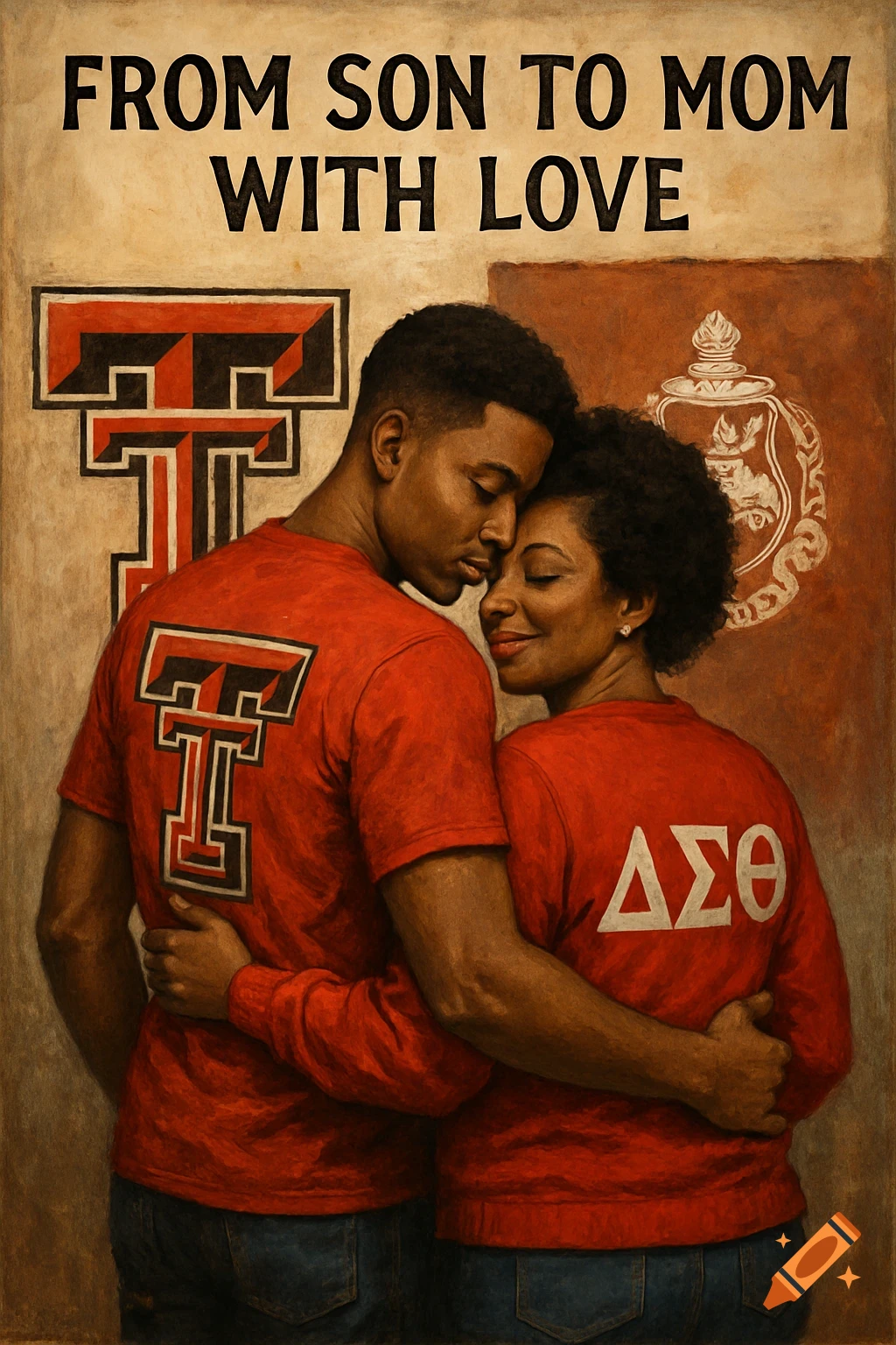 A son and mother embrace, wearing Texas Tech and Delta Sigma Theta shirts, with text 'From Son to Mom With Love'.