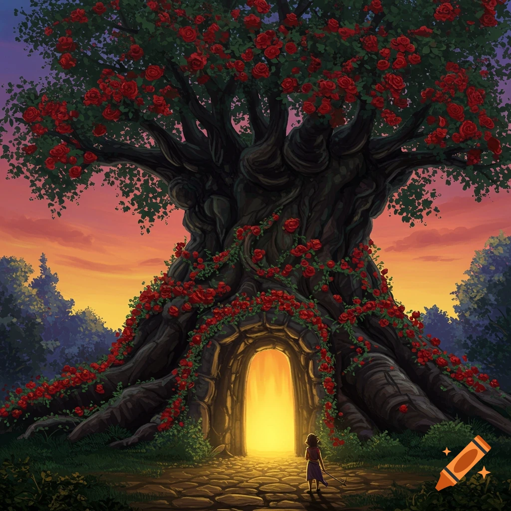 A giant tree covered in red roses with a glowing arched entrance, under a sunset sky. A figure approaches the entrance.