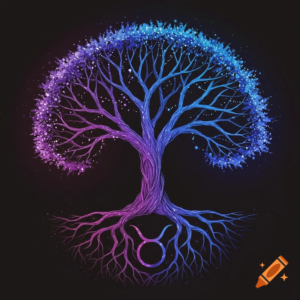 Stylized Tree of Life with roots forming the Taurus symbol, rendered in purple and blue ombré with sparkles on black.