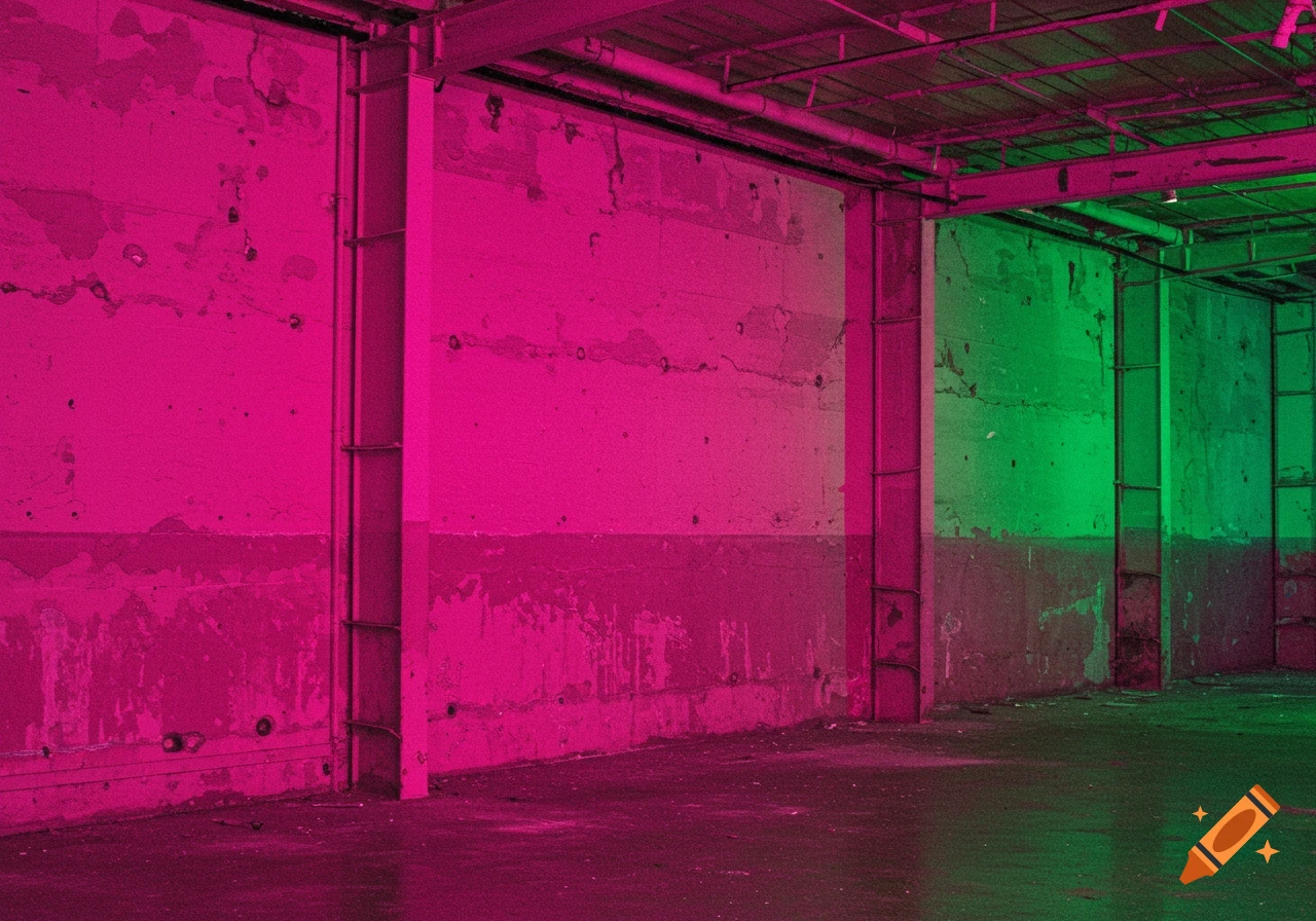 Empty concrete warehouse interior lit by bright pink and green light.