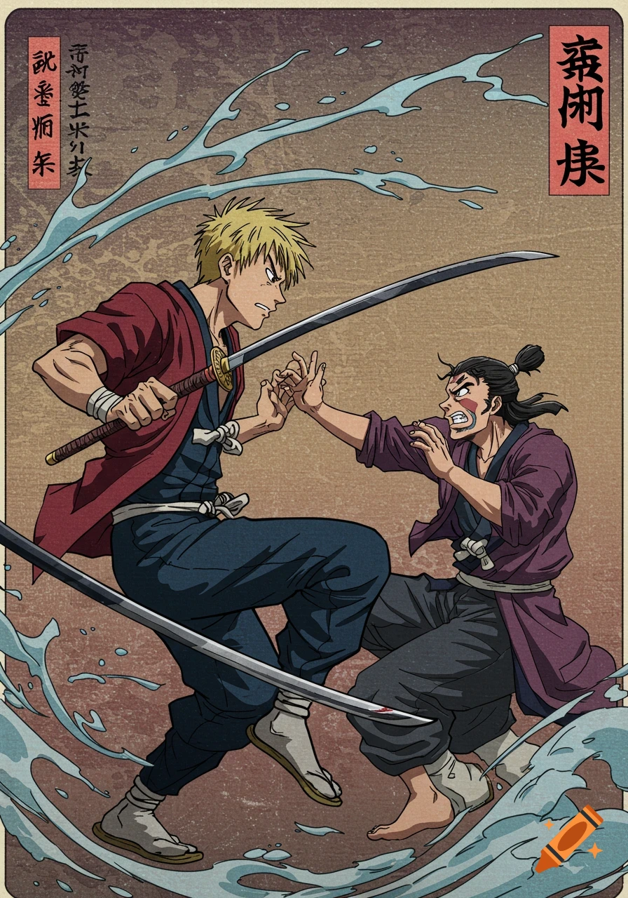 Two anime characters sword fighting in ukiyo-e style.