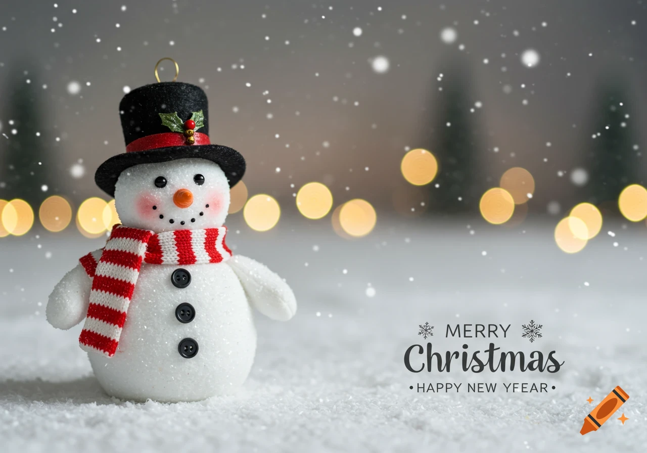 A snowman with a top hat and scarf stands in snow with blurred lights. Text: MERRY Christmas HAPPY NEW YFEAR.