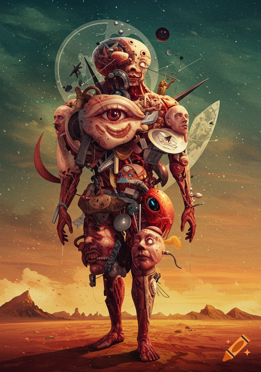 Surreal composite figure of faces, eyes, and mechanics stands in a desert landscape.