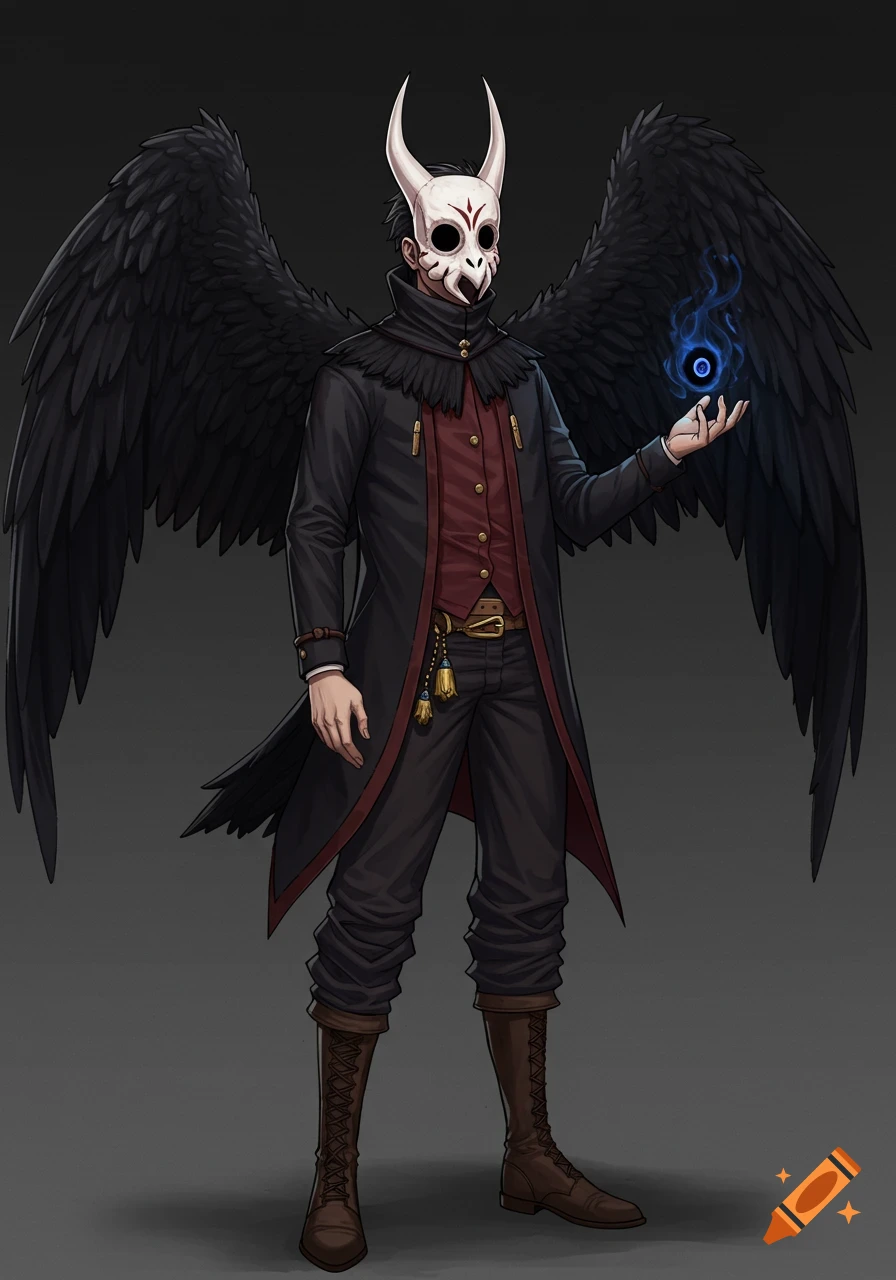 An anime-style character in a bird mask, black wings, and a dark coat ...