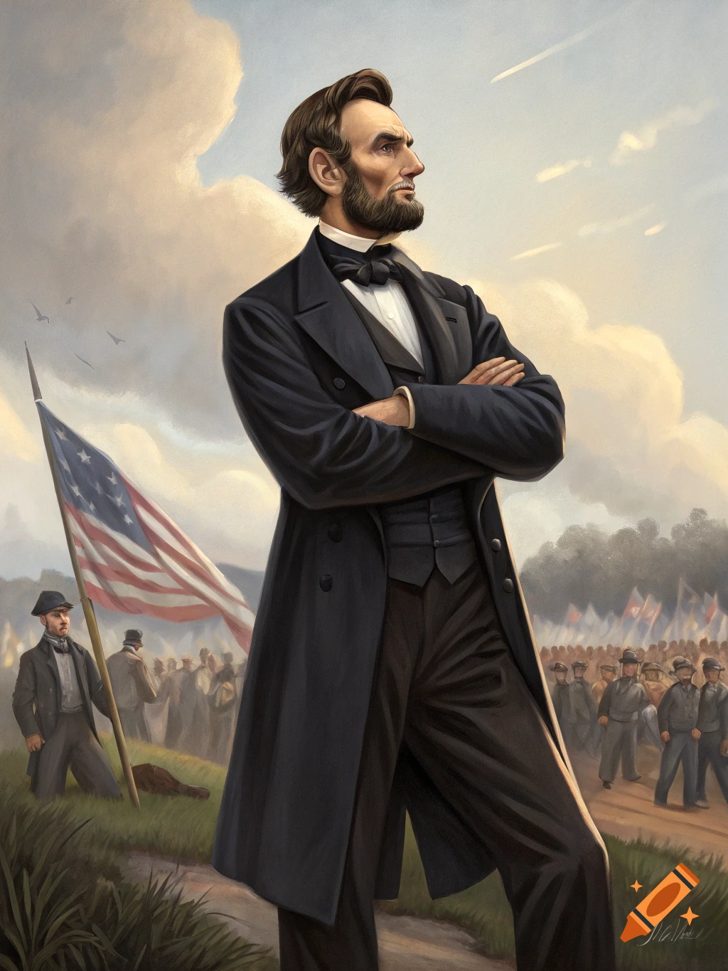 Painting of Abraham Lincoln standing with arms crossed, an American flag and crowd behind him