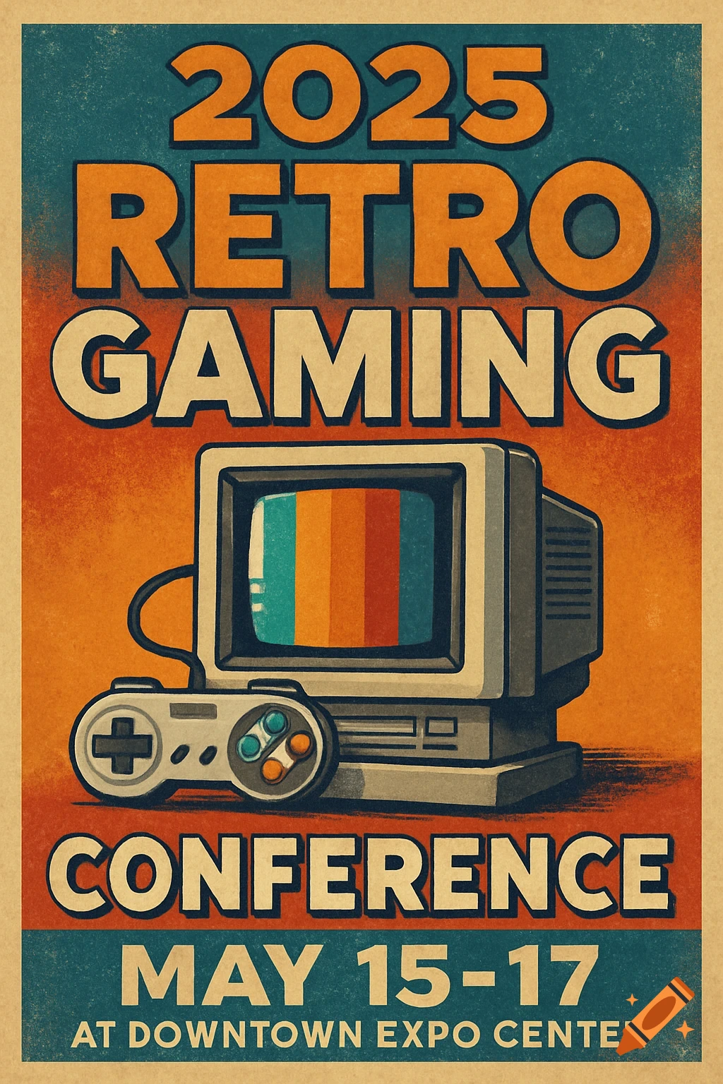 Retro gaming conference poster with a monitor and controller.