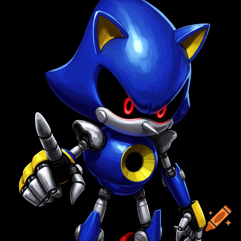Metal Sonic, a blue robot character, points forward.