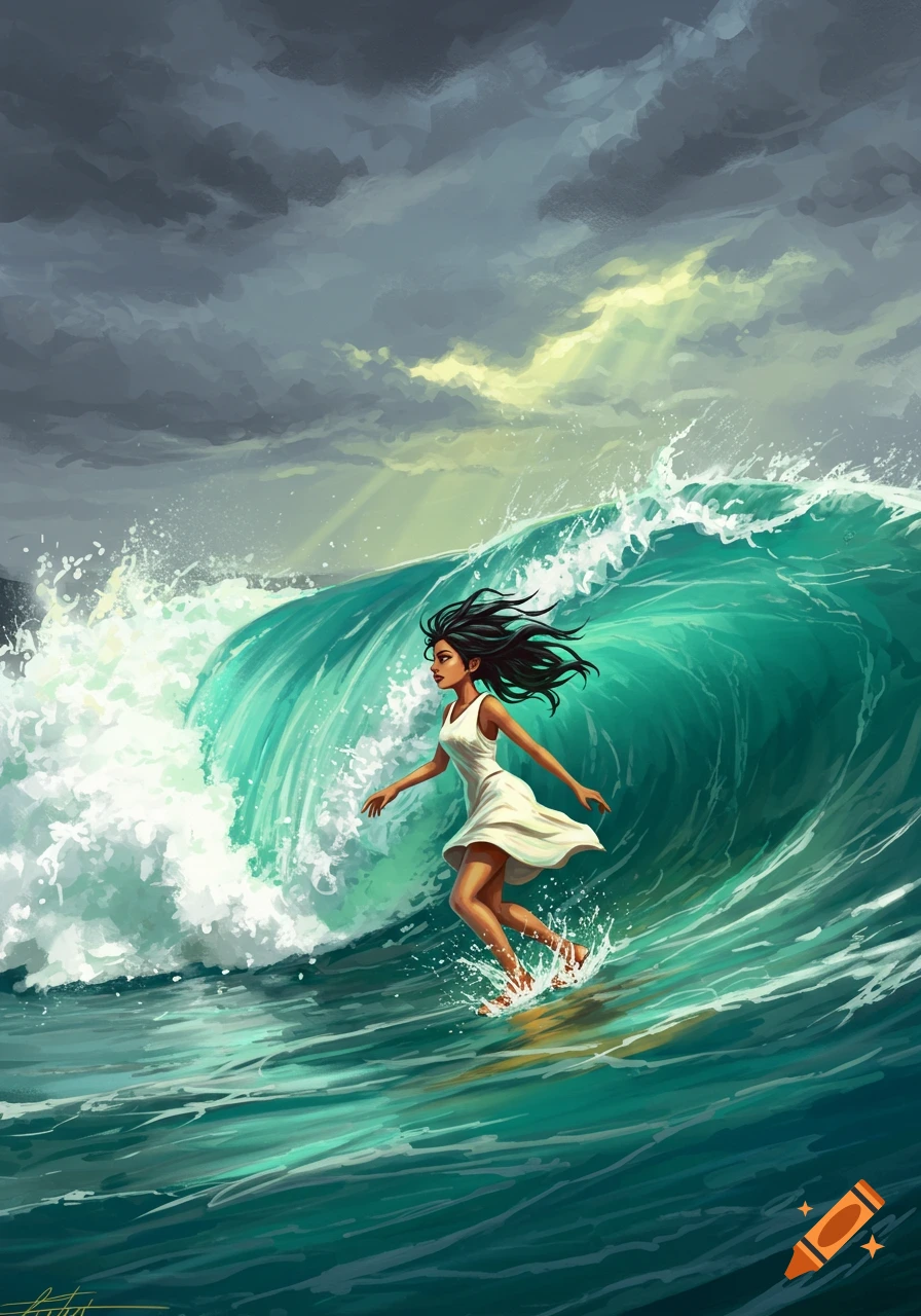 Digital painting of a woman in a white dress riding a large, turquoise wave under a dramatic cloudy sky.