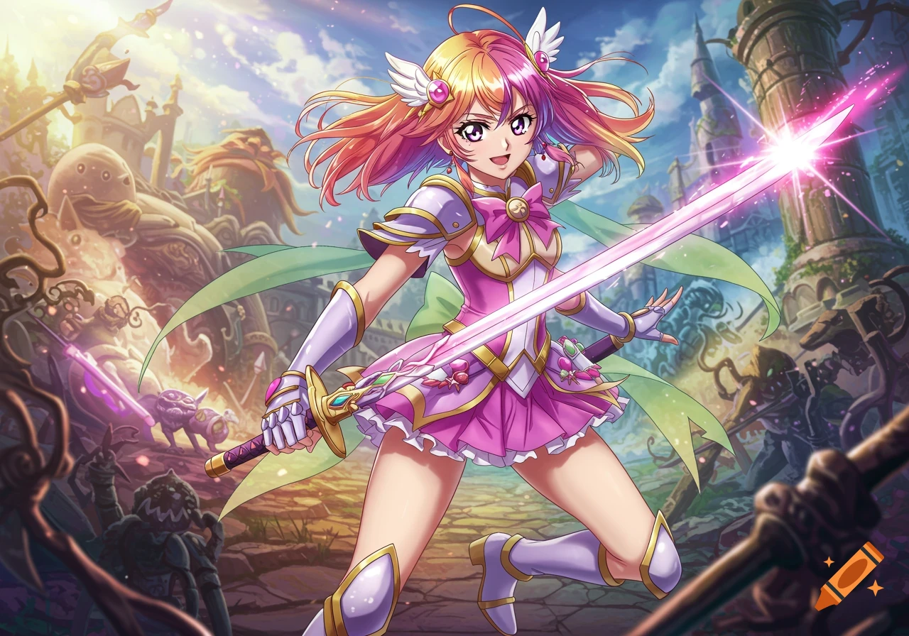 Anime magical girl knight in armor holds a glowing sword in a fantasy landscape