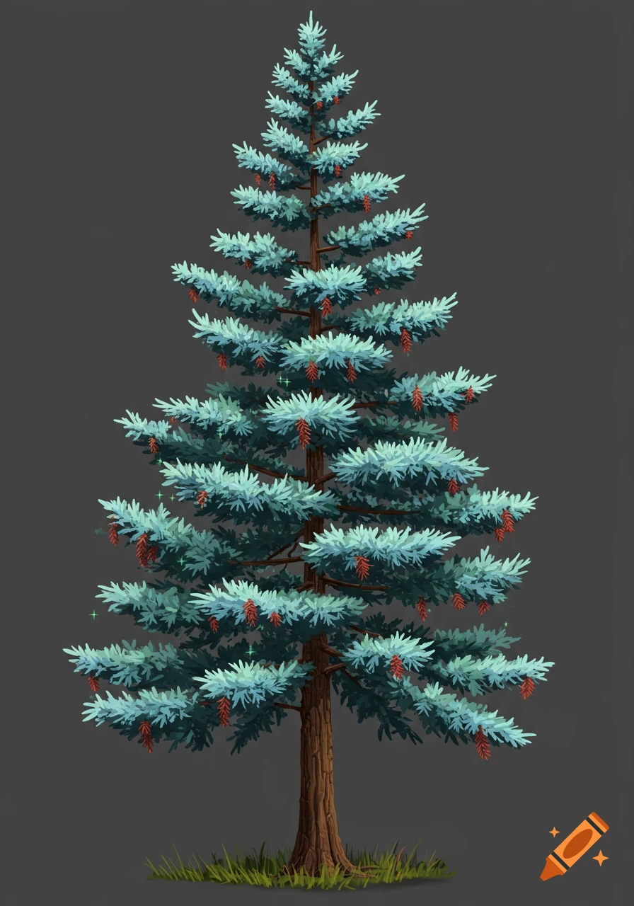A stylized fir tree with blue-green needles and small red cones against a grey background.