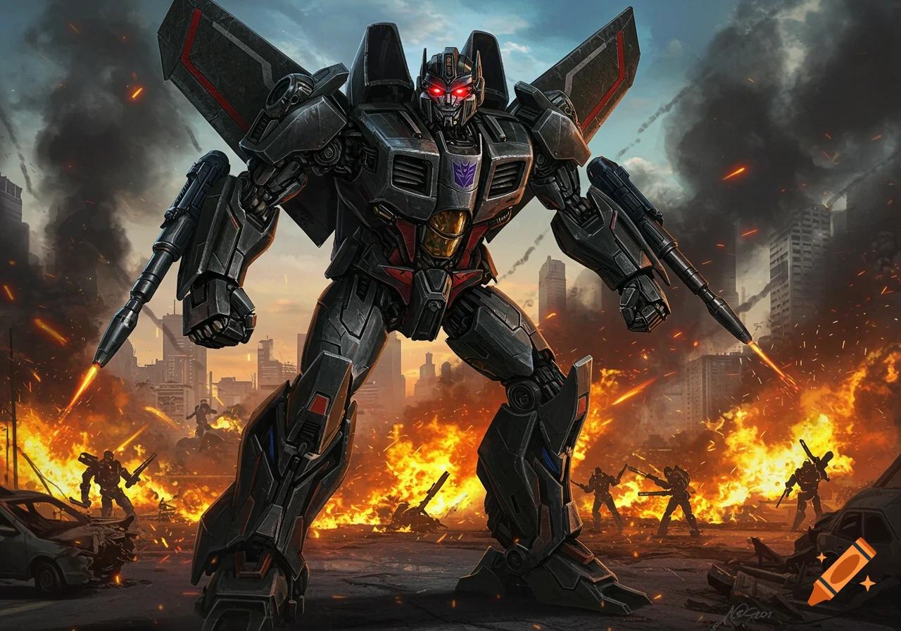 A large dark robot resembling Starscream stands in a burning city, firing weapons.
