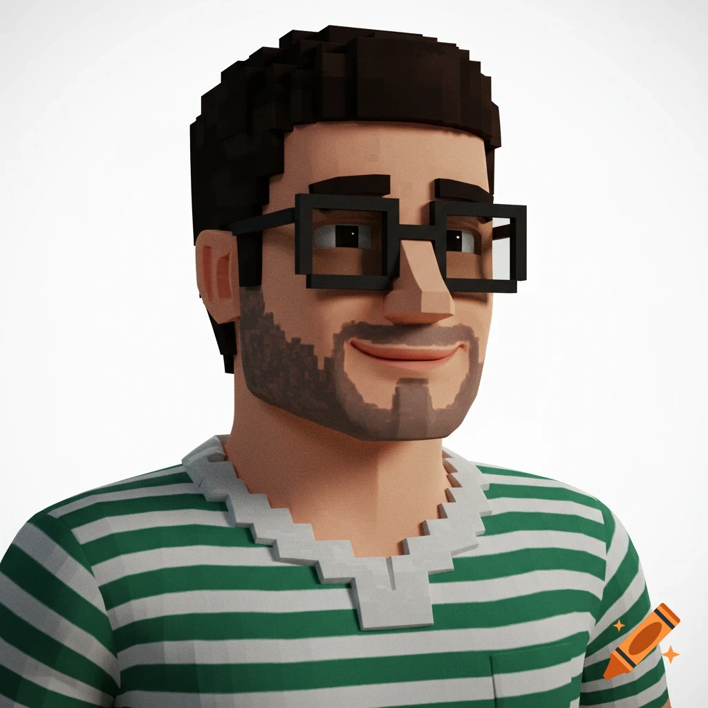 A 3D voxel portrait of a man with glasses and a green and white striped shirt smiling slightly.