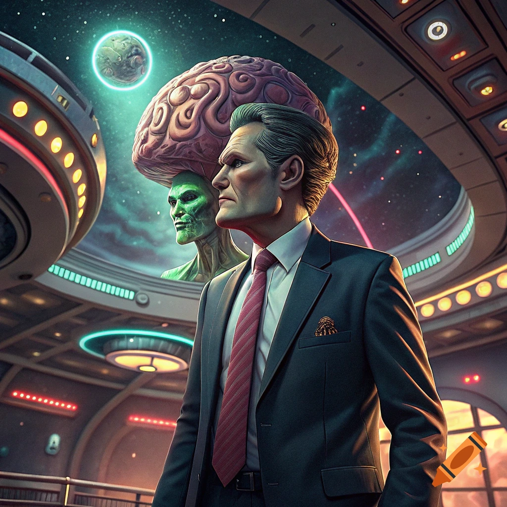 Man in suit and alien with large brain in futuristic spaceship