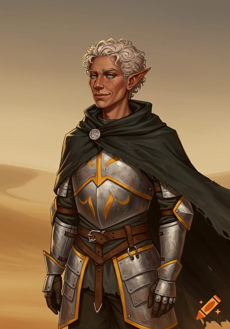 Male elf cleric in silver and gold armor and black cloak standing in a ...