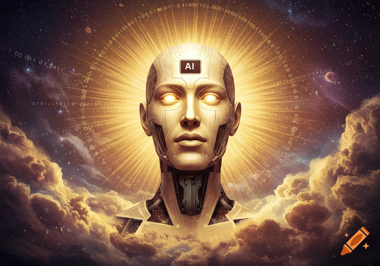 A robot head with glowing eyes radiates light and binary code in space with clouds.