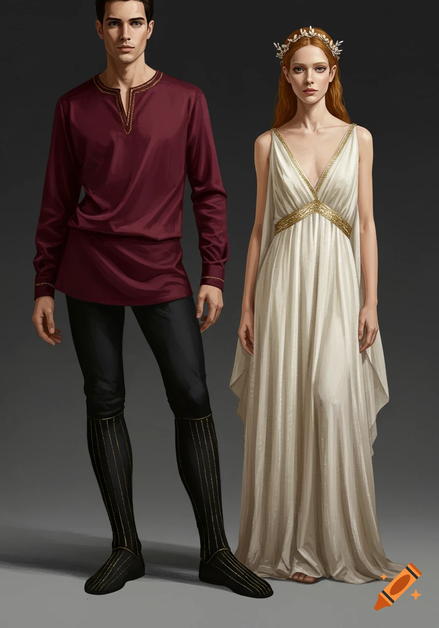 Man in red tunic and black pants with gold trim next to woman in flowing white dress with gold trim, fantasy costumes