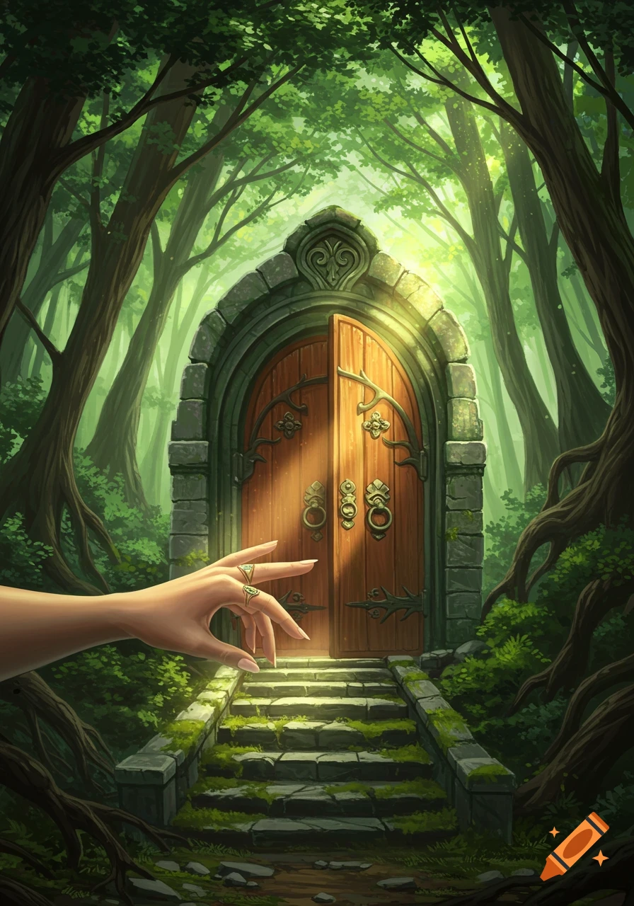 A hand reaches for an open stone door with stairs in a sunlit fantasy forest.
