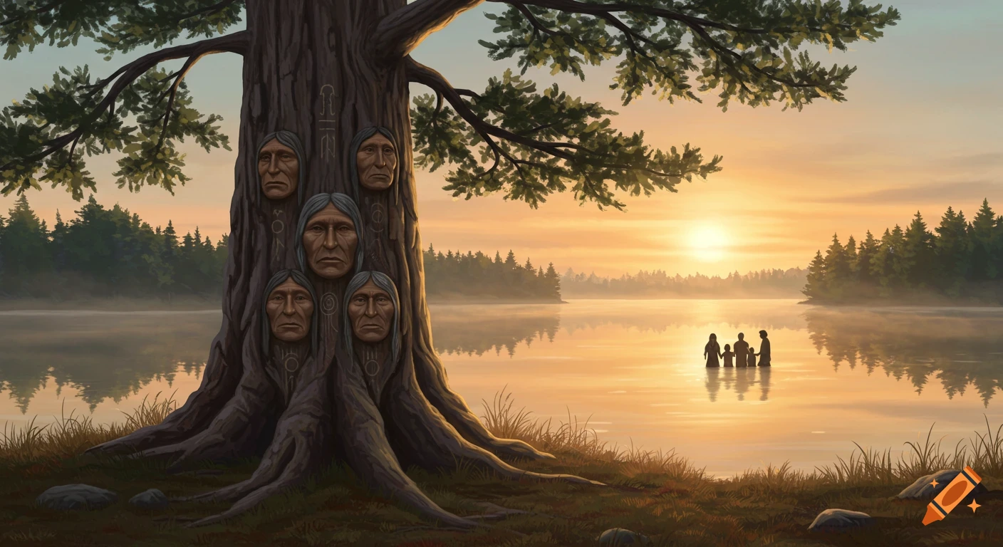 Painting of a sacred tree with carved faces beside a lake at sunrise, a family stands in the water.