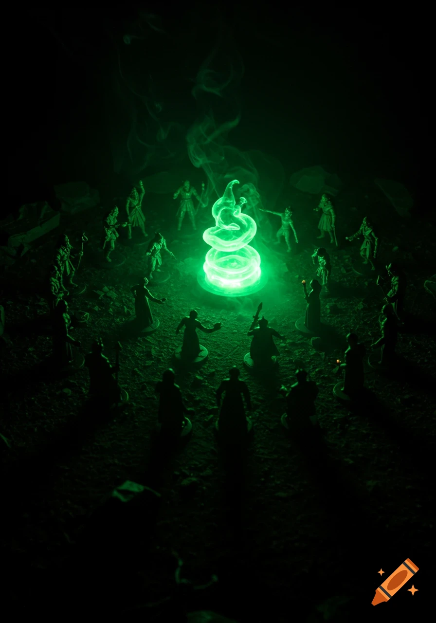 Miniature figures gathered in a circle around a glowing green vortex in a dark, smoky scene.