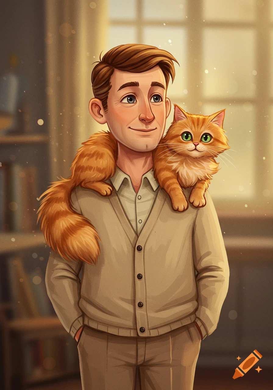 A man with a ginger cat on his shoulders, in a cartoon style.