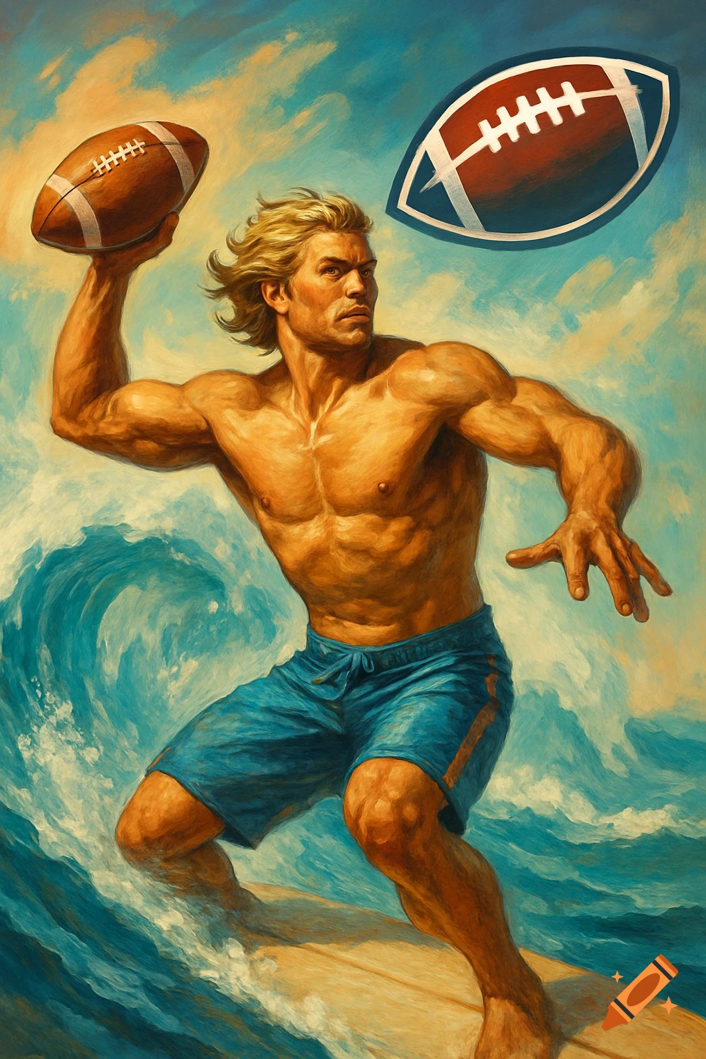 Muscular man surfing a wave while throwing a football, digital art.