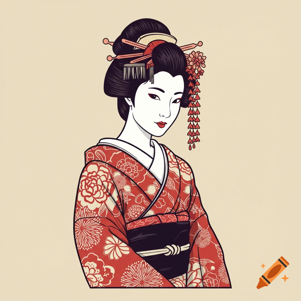 Illustration of a geisha in a red floral kimono
