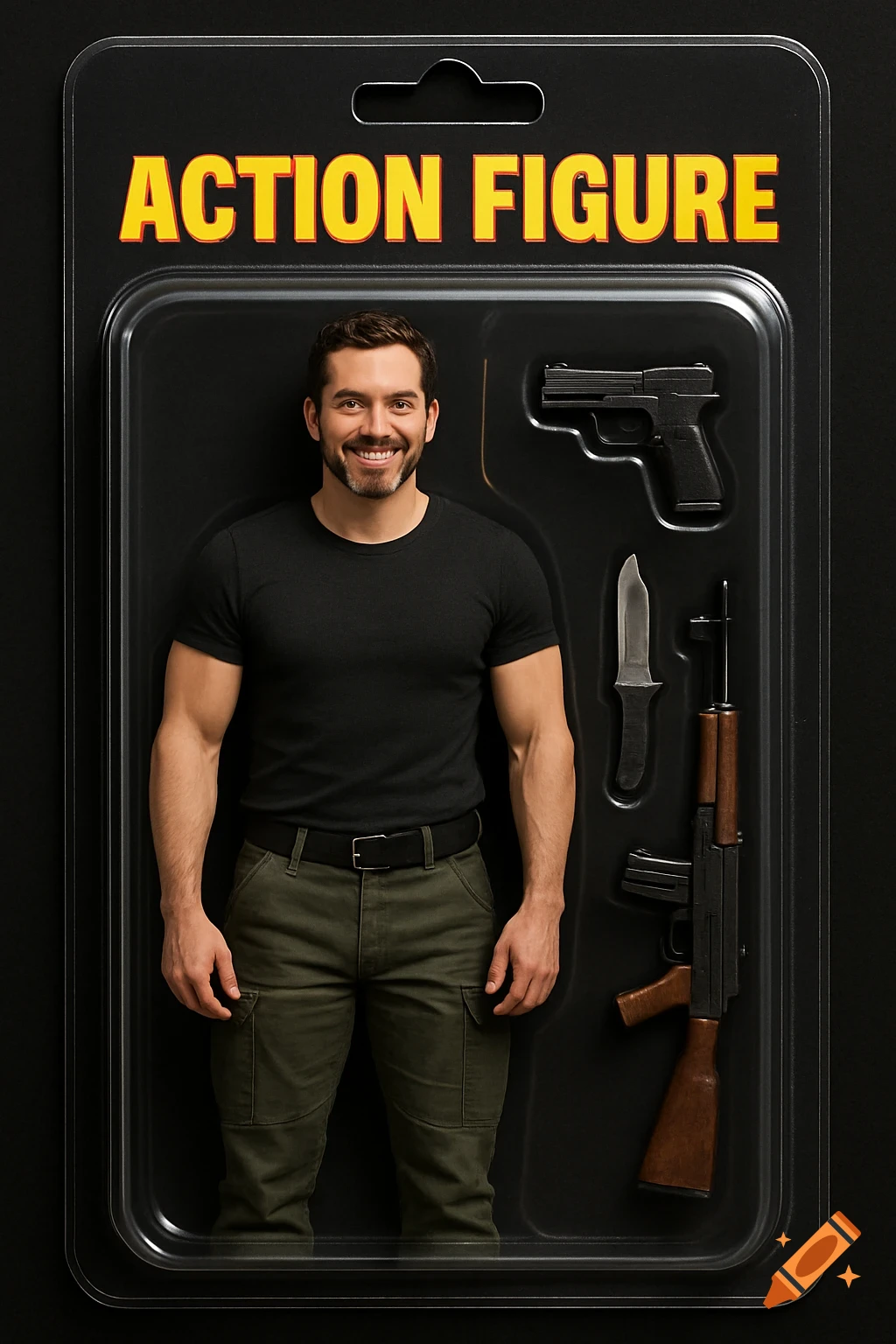 Action figure in plastic packaging with pistol, knife, and rifle.