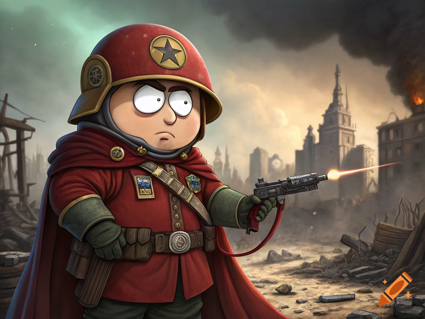 Cartoon character resembling Cartman dressed as a military commissar in a war-torn city, firing a gun.
