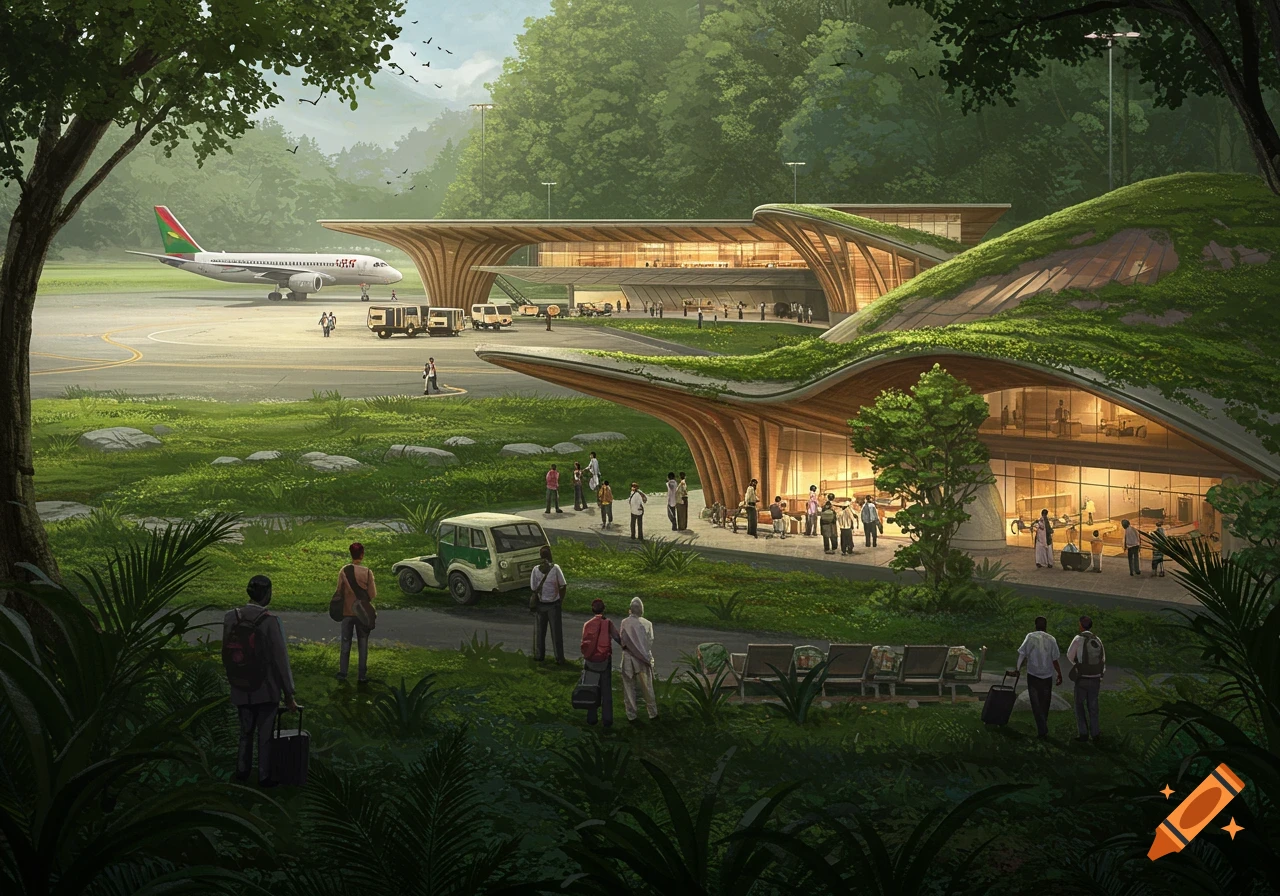 A futuristic forest airport with a plane on the tarmac.