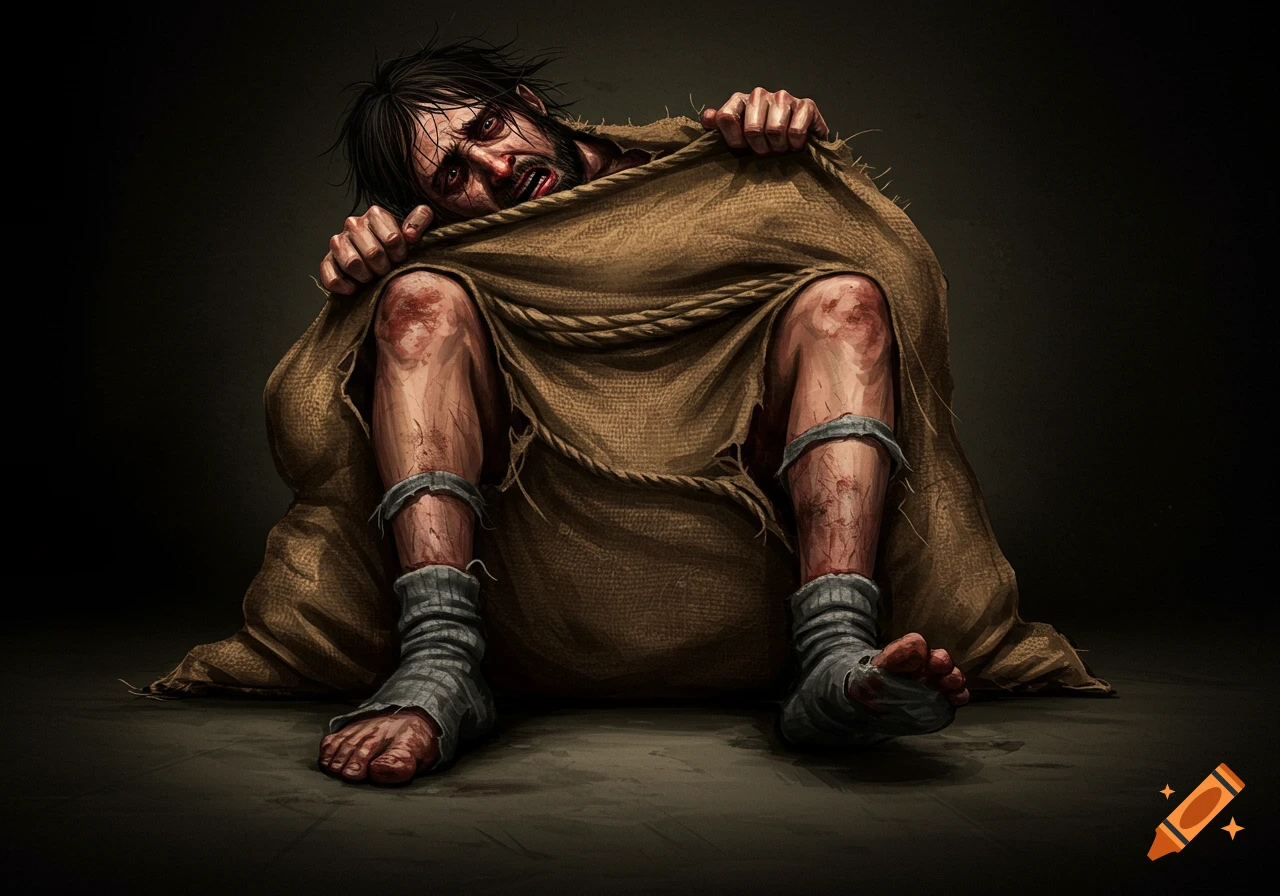 A distressed man trapped in a sack with torn clothes and injuries, dark painterly style