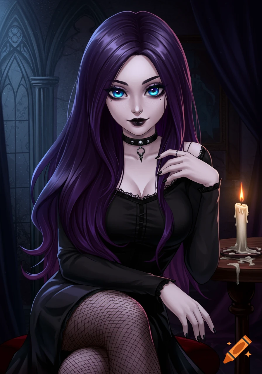 Anime style portrait of a goth woman with long purple hair and bright blue eyes, sitting in a gothic room with a candle.