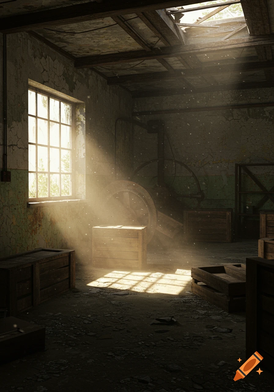 Sunlight streams through a window and hole in the roof into a dusty abandoned room with wooden crates.
